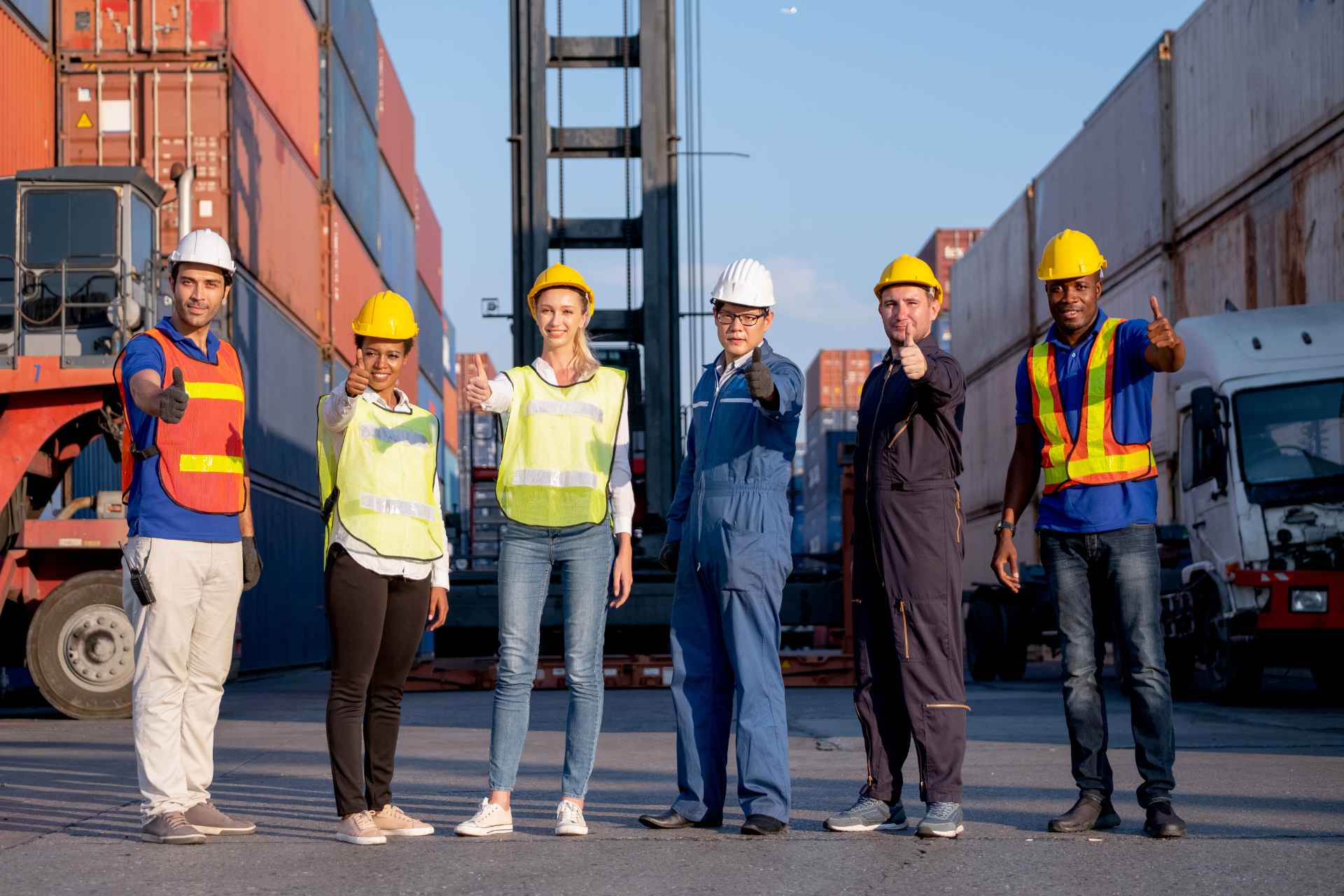 Group of foreman and cargo container workers or technician stand